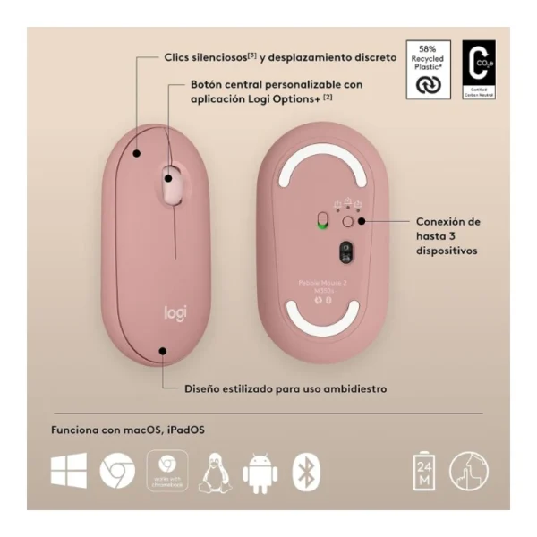 Logitech Pebble Mouse 2 M350s — Mouse inalámbrico | Bluetooth | Delgado Compacto | Rosa - Imagen 3