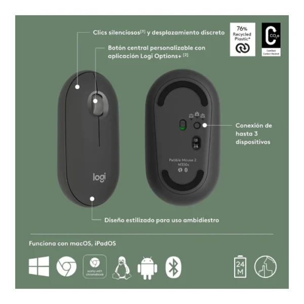 Logitech Pebble Mouse 2 M350s — Mouse inalámbrico | Bluetooth | Delgado Compacto | Negro - Imagen 3