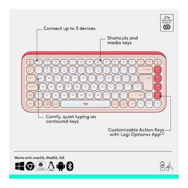 Logitech Pop Icon Combo Teclado y mouse inalámbrico, bluetooth, español - Rosado Blanco - Imagen 5
