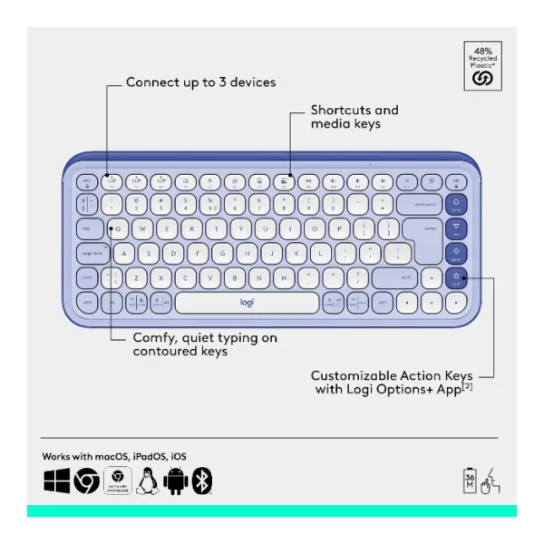 Logitech Pop Icon Combo Teclado y mouse inalámbrico, bluetooth, español - Lila Blanco - Imagen 5