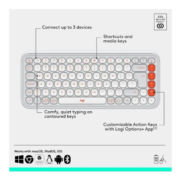 Logitech Pop Icon Combo Teclado y mouse inalámbrico, bluetooth, español - Blanco Naranja - Imagen 5