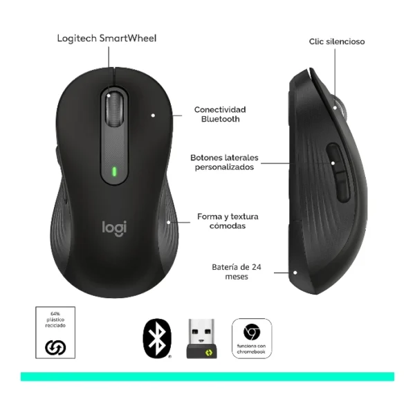 Logitech Signature M650 — Mouse Inalámbrico | Bluetooth | Diestro | Para manos pequeñas | Negro - Imagen 8