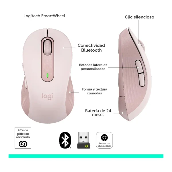 Logitech Signature M650 — Mouse Inalámbrico | Bluetooth | Diestro | Para manos pequeñas | Rosa - Imagen 7