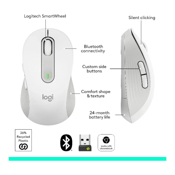 Logitech Signature M650 — Mouse Inalámbrico | Bluetooth | Diestro | Para manos pequeñas | Blanco - Imagen 7
