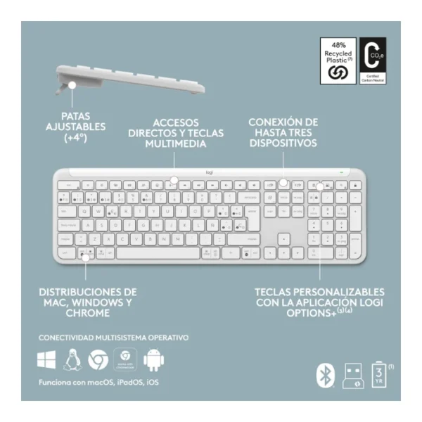 Logitech Signature Slim K950 — Teclado inalámbrico, Bluetooth, español, multidispositivo - Blanco - Imagen 5