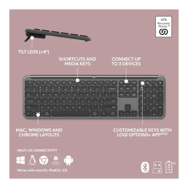Logitech Signature Slim K950 — Teclado inalámbrico, Bluetooth, español, multidispositivo - Grafito - Imagen 7