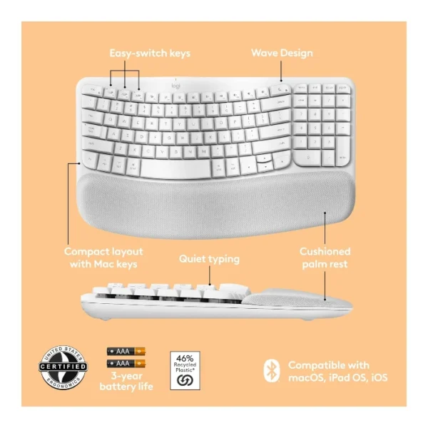 Logitech Wave Keys — Teclado inalámbrico, Bluetooth, español, multidispositivo - Blanco - Imagen 8