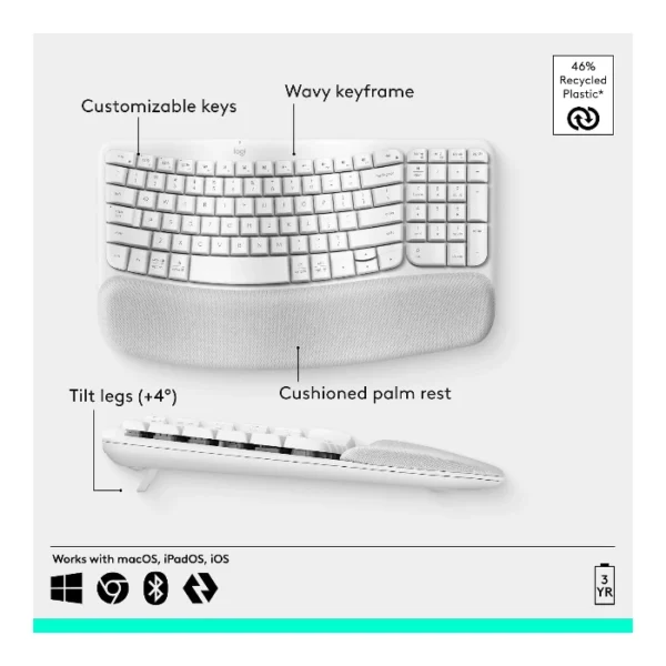 Logitech Wave Keys — Teclado inalámbrico, Bluetooth, español, multidispositivo - Blanco - Imagen 5