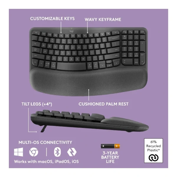 Logitech Wave Keys — Teclado inalámbrico, Bluetooth, español, multidispositivo - Negro - Imagen 7