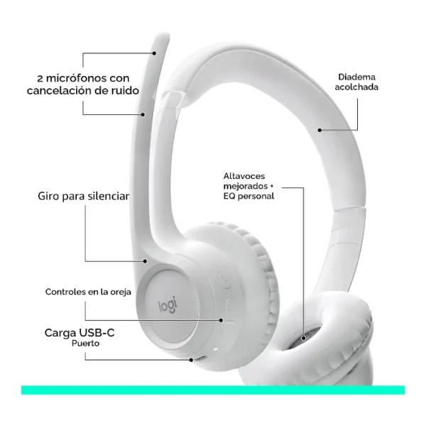Logitech Zone 300 — Audífono inalámbrico, con micrófono, hasta 2 dispositivos - Blanco - Imagen 6