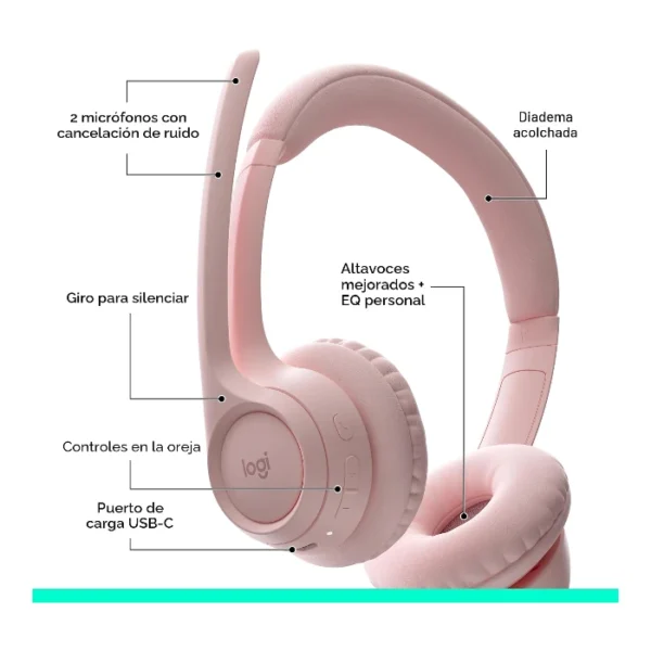 Logitech Zone 300 — Audífono inalámbrico | con micrófono | hasta 2 dispositivos - Rosa - Imagen 5