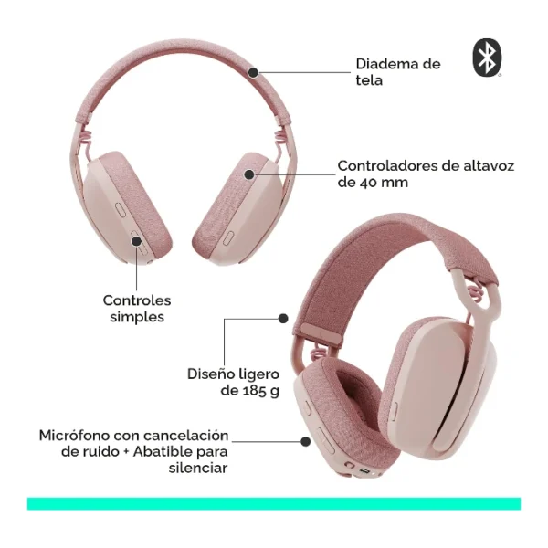 Logitech Zone Vibe 100 — Auriculares Wireless | ligeros | Bluetooth - Rosa - Imagen 4