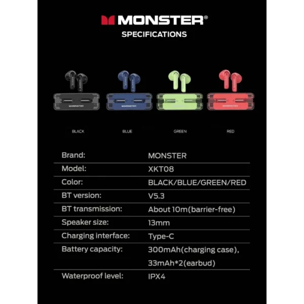 MONSTER Airmars XKT08 — Gaming Earphones, ENC, Bluetooth 5.3, rojo - Imagen 6
