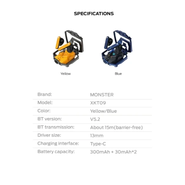 MONSTER Airmars XKT09 — Gaming Earphones, Bluetooth 5.2, amarillo - Imagen 5