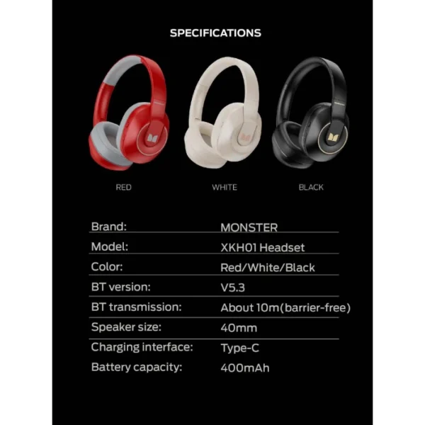 MONSTER Storm XKH01 — Audífonos con micrófono, 3.5mm, Bluetooth, blanco - Imagen 3