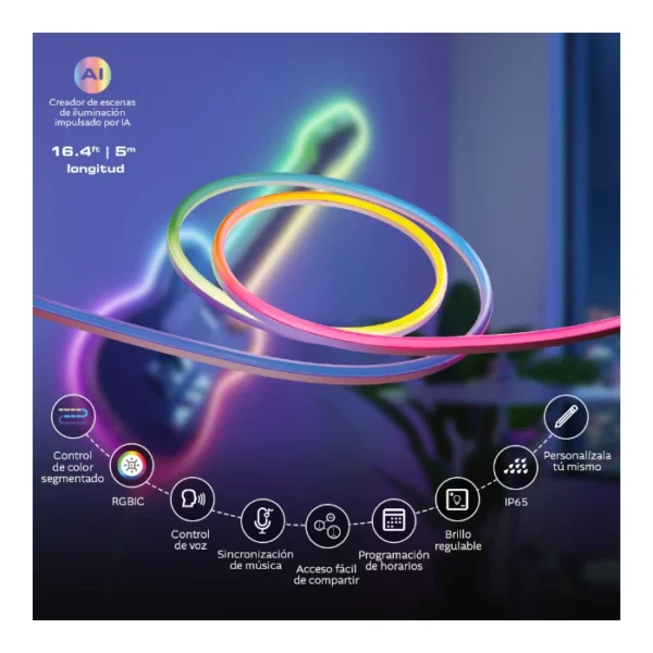 Nexxt Solutions NHB-S618 Cinta LED neón Wi-Fi RGBIC impulsada por IA de 5m - Imagen 3