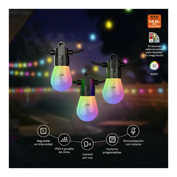 Nexxt Solutions Smart Wi-Fi LED outdoor string lights — Guirnalda de luces LED Inteligentes, Wi-Fi, 14.6m, 15 bombillas - Imagen 3