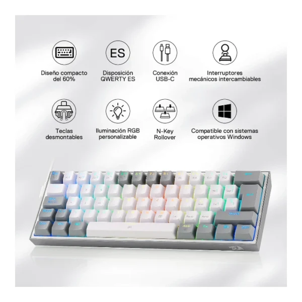Redragon Fizz K617R — Teclado Mecánico 60% RGB, con cable, switch rojo, español, gris/blanco - Imagen 3