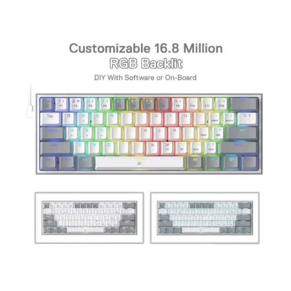 Redragon K616 Fizz Pro WH/GR — Teclado Mecánico 60% RGB, inalámbrico BT/2.4 GHz, blanco/gris | K616 RGB FIZZ PRO WT/GREY - Imagen 3