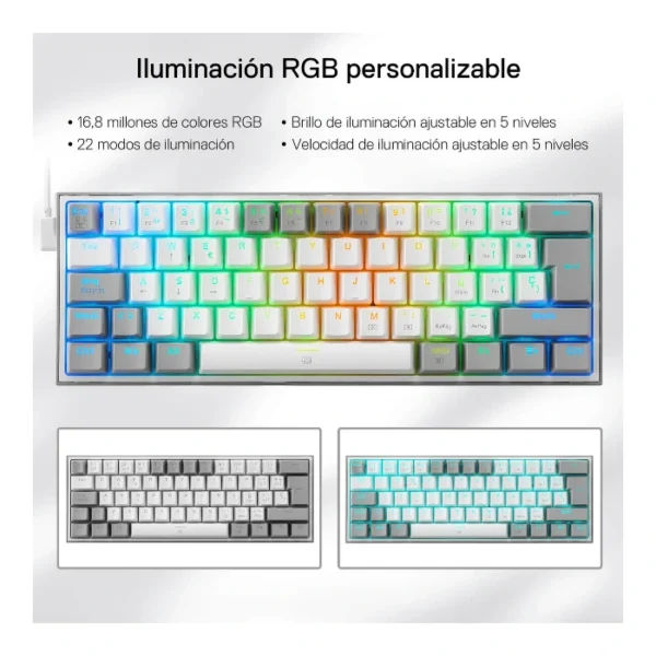 Redragon Fizz K617R — Teclado Mecánico 60% RGB, con cable, switch rojo, español, gris/blanco - Imagen 7