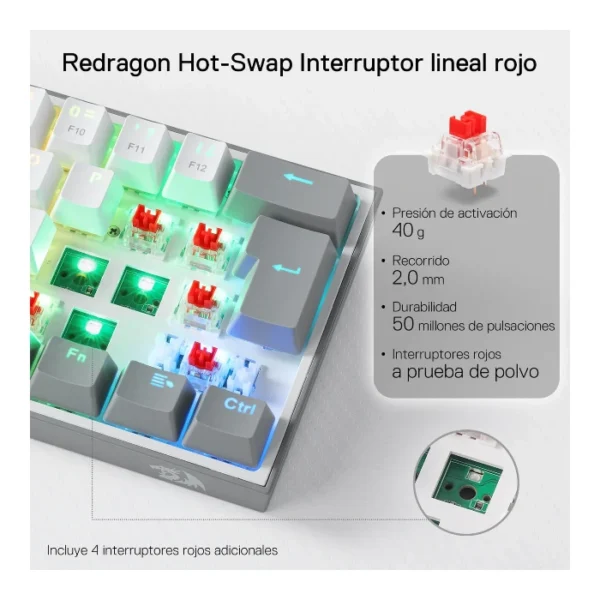 Redragon Fizz K617R — Teclado Mecánico 60% RGB, con cable, switch rojo, español, gris/blanco - Imagen 5