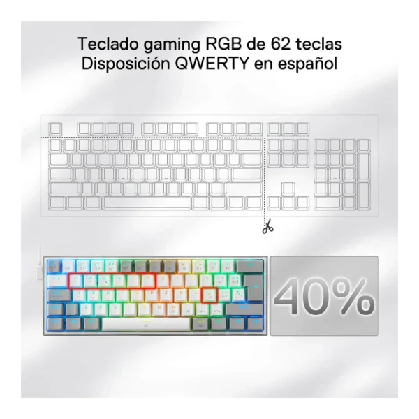 Redragon Fizz K617R — Teclado Mecánico 60% RGB, con cable, switch rojo, español, gris/blanco - Imagen 6