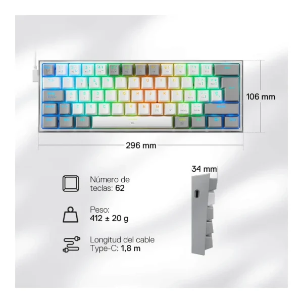 Redragon Fizz K617R — Teclado Mecánico 60% RGB, con cable, switch rojo, español, gris/blanco - Imagen 4