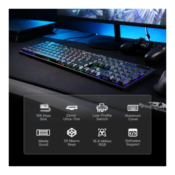Redragon Horus FS K619 — Teclado mecánico, alámbrico, RGB, español, negro | HORUS FS K619 - Imagen 4