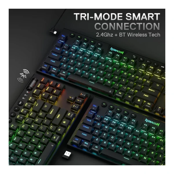 Redragon Horus TKL K621  — Teclado mecánico TKL, inalámbrico, trimode 2.4GHz/BT/Dongle, RGB, Switch Rojo, español, negro | HORUS TKL K621 - Imagen 2