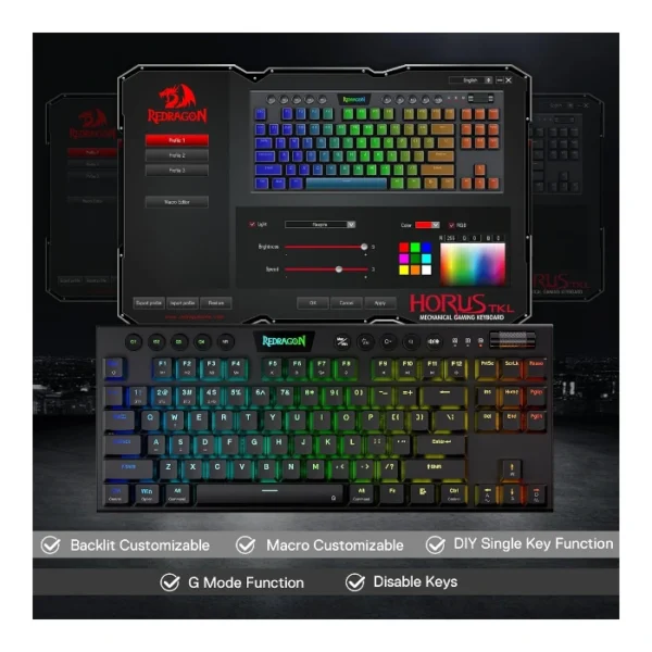 Redragon Horus TKL K621  — Teclado mecánico TKL, inalámbrico, trimode 2.4GHz/BT/Dongle, RGB, Switch Rojo, español, negro | HORUS TKL K621 - Imagen 8