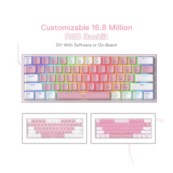 Redragon K616 Fizz Pro PK/WH — Teclado Mecánico 60% RGB, inalámbrico BT/2.4 GHz, rosa/blanco | K616 RGB FIZZ PRO PIN/WH - Imagen 5