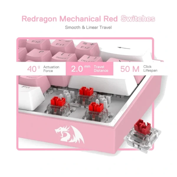 Redragon K616 Fizz Pro PK/WH — Teclado Mecánico 60% RGB, inalámbrico BT/2.4 GHz, rosa/blanco | K616 RGB FIZZ PRO PIN/WH - Imagen 4