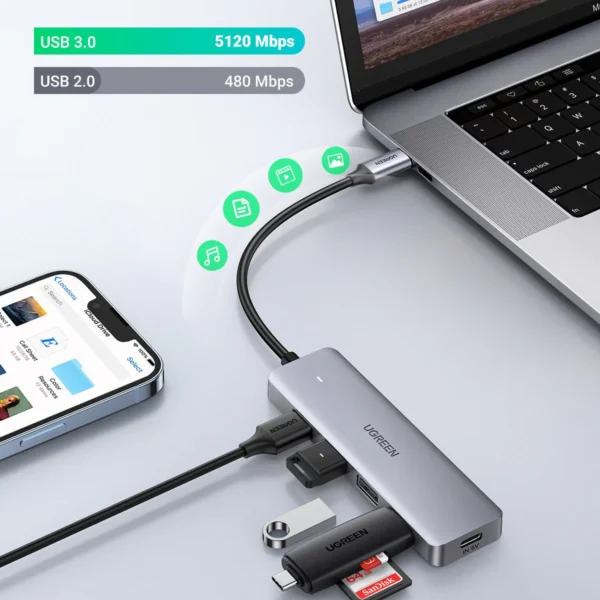 UGREEN CM219 — Hub 4 puertos USB 3.0, con puerto de alimentación USB-C, gris | 70336 - Imagen 2