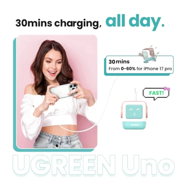 UGREEN Uno 30W — Cargador de carga rápida GaN, 1 puerto USB-C - Menta - Imagen 6