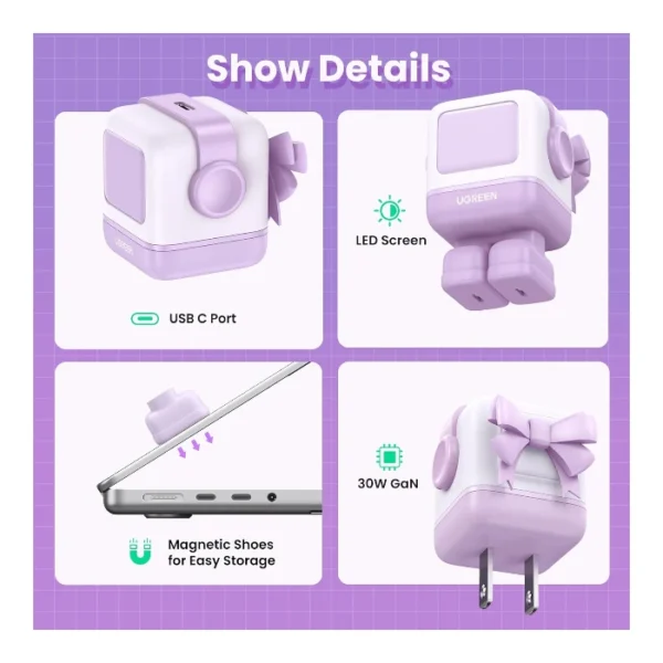 UGREEN Uno 30W — Cargador de carga rápida GaN, 1 puerto USB-C - Lila - Imagen 3