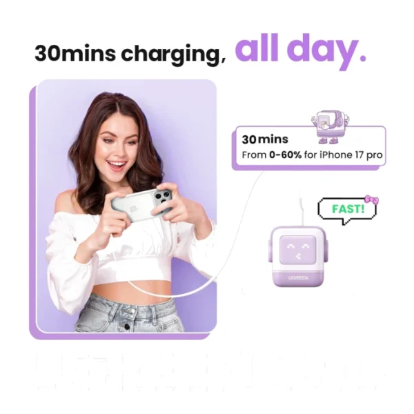 UGREEN Uno 30W — Cargador de carga rápida GaN, 1 puerto USB-C - Lila - Imagen 6
