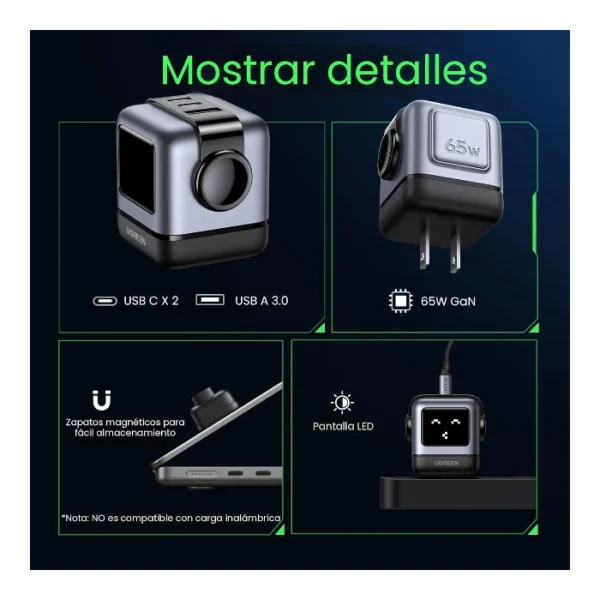UGREEN Uno 65W — Cargador de 3 puertos GaN, carga rápida, 2 puertos USB-C, 1 puerto USB-A - Negro - Imagen 2