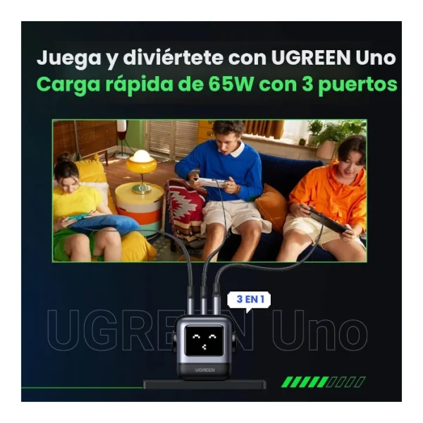 UGREEN Uno 65W — Cargador de 3 puertos GaN, carga rápida, 2 puertos USB-C, 1 puerto USB-A - Negro - Imagen 3