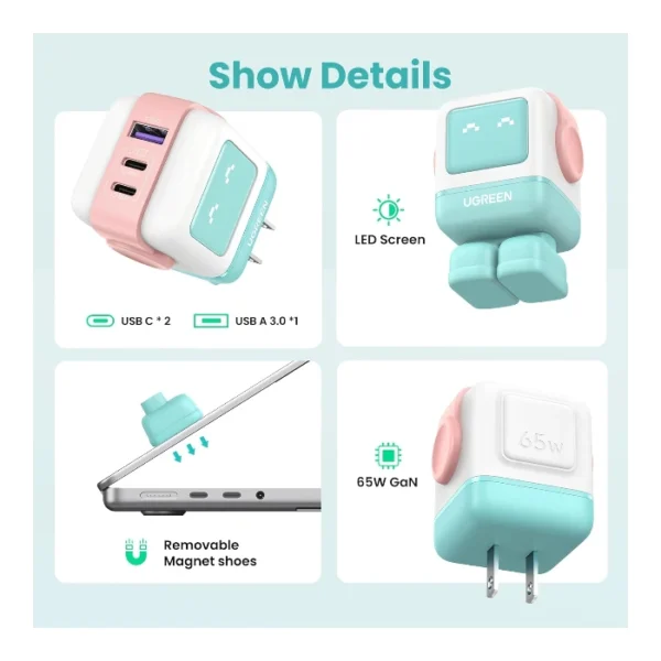 UGREEN Uno 65W — Cargador de 3 puertos GaN, carga rápida, 2 puertos USB-C, 1 puerto USB-A - Menta - Imagen 2