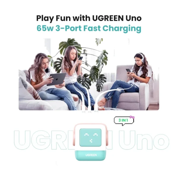 UGREEN Uno 65W — Cargador de 3 puertos GaN, carga rápida, 2 puertos USB-C, 1 puerto USB-A - Menta - Imagen 3