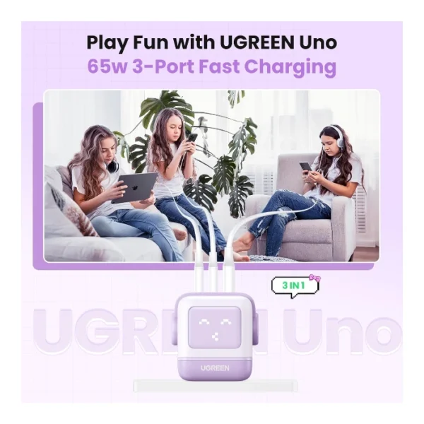 UGREEN Uno 65W — Cargador de 3 puertos GaN, carga rápida, 2 puertos USB-C, 1 puerto USB-A - Lila - Imagen 3