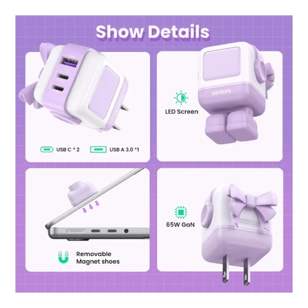 UGREEN Uno 65W — Cargador de 3 puertos GaN, carga rápida, 2 puertos USB-C, 1 puerto USB-A - Lila - Imagen 2