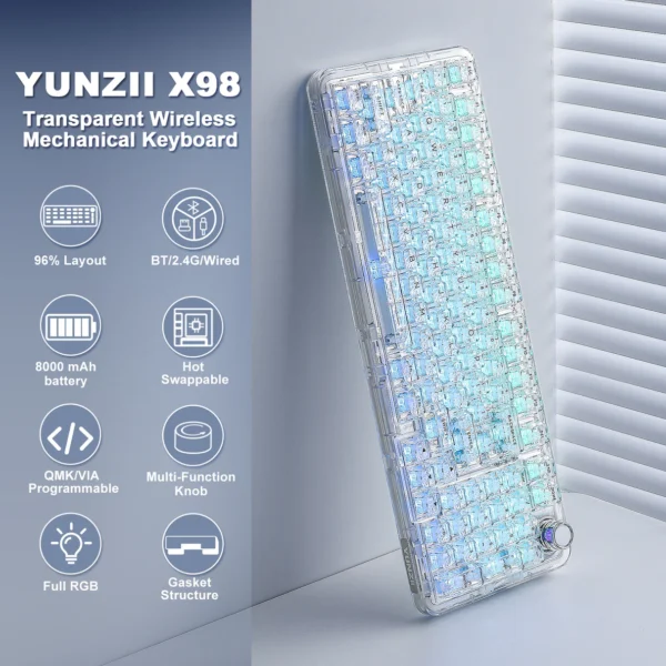 YUNZII X98 Transparent QMK/VIA — Teclado mecánico inalámbrico, Tri-Mode BT5.0/USB-C/2.4GHz, Hot Swappable, inglés, Snow Switch, Blanco | X98 - Imagen 7