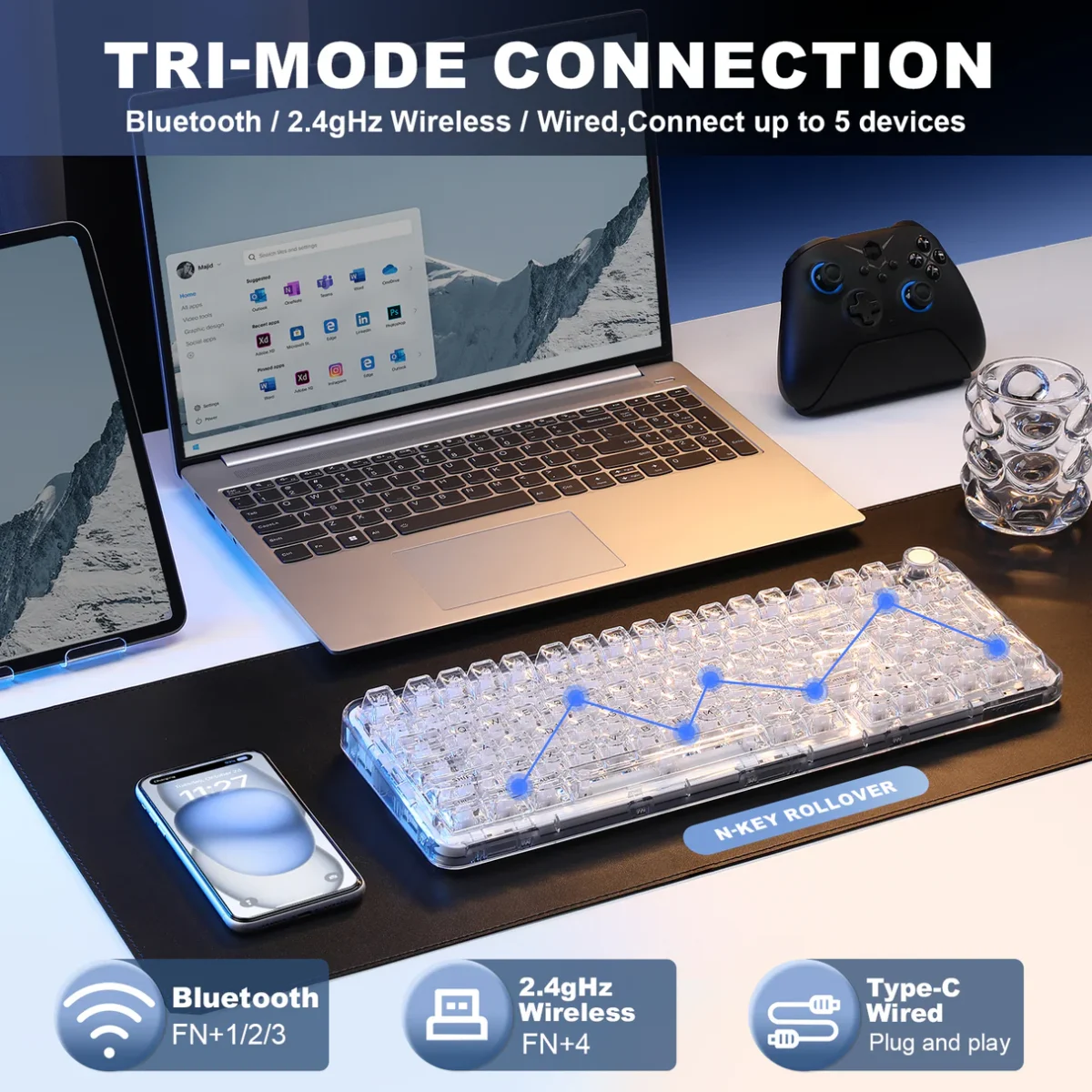 YUNZII X98 Transparent QMK/VIA — Teclado mecánico inalámbrico, Tri-Mode BT5.0/USB-C/2.4GHz, Hot Swappable, inglés, Snow Switch, Blanco | X98 - Imagen 6