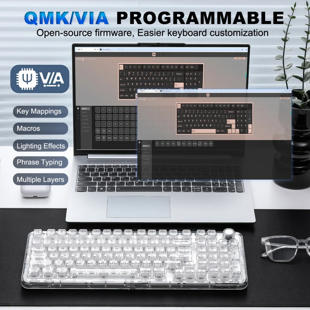 YUNZII X98 Transparent QMK/VIA — Teclado mecánico inalámbrico, Tri-Mode BT5.0/USB-C/2.4GHz, Hot Swappable, inglés, Snow Switch, Blanco | X98 - Imagen 5