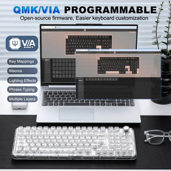 YUNZII X98 Transparent QMK/VIA — Teclado mecánico inalámbrico, Tri-Mode BT5.0/USB-C/2.4GHz, Hot Swappable, inglés, Snow Switch, Blanco | X98 - Imagen 5