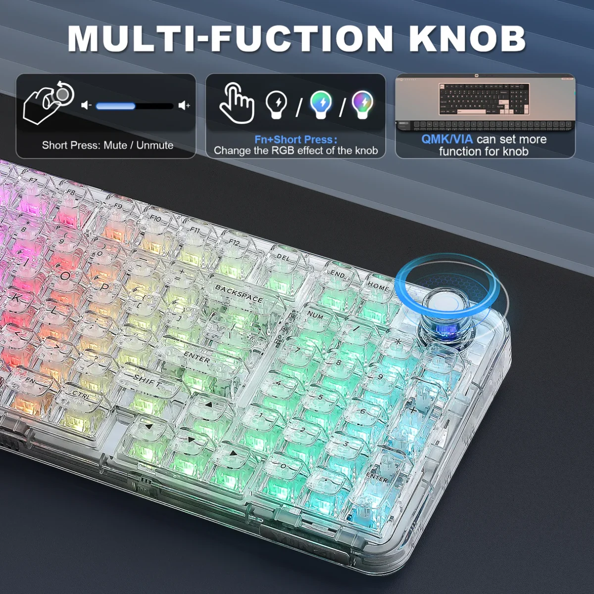 YUNZII X98 Transparent QMK/VIA — Teclado mecánico inalámbrico, Tri-Mode BT5.0/USB-C/2.4GHz, Hot Swappable, inglés, Snow Switch, Blanco | X98 - Imagen 4