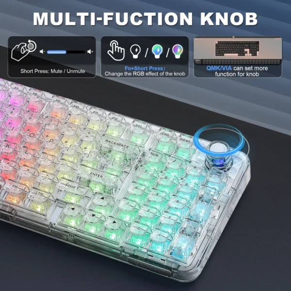 YUNZII X98 Transparent QMK/VIA — Teclado mecánico inalámbrico, Tri-Mode BT5.0/USB-C/2.4GHz, Hot Swappable, inglés, Snow Switch, Blanco | X98 - Imagen 4