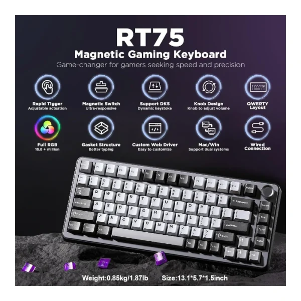 YUNZII RT75 — Teclado mecánico TKL con cable, RGB, interruptor magnético de efecto Hall, inglés, Magnetic Switch | RT75 - Imagen 3