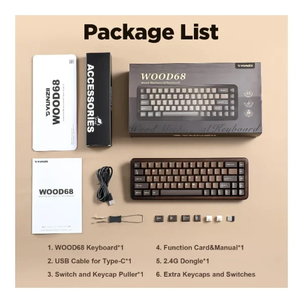 YUNZII WOOD68 — Teclado mecánico 65% inalámbrico, RGB, trimodo BT/2.4G/USB-C, Linear Switch, Café | WOOD68 - Imagen 9